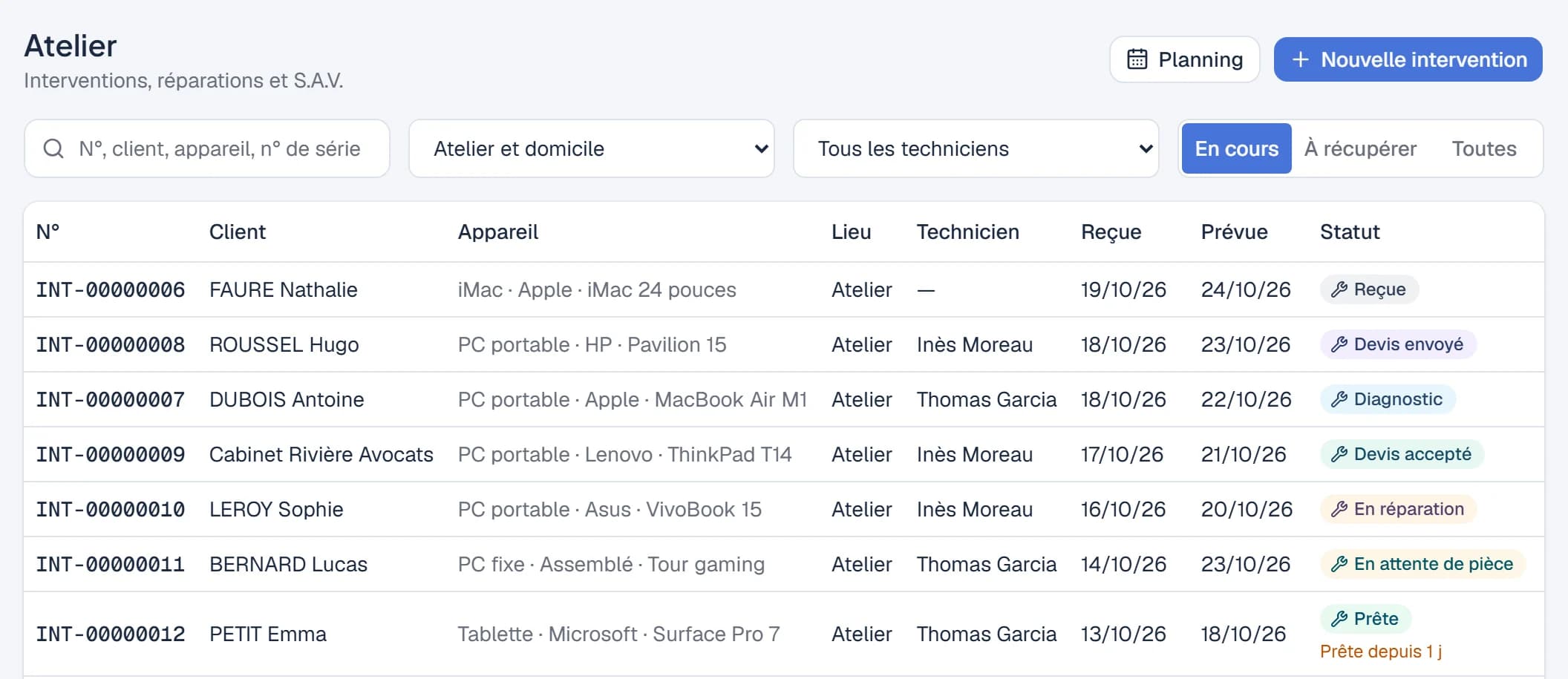 Suivi des interventions : client, équipement, technicien et statut (reçue, diagnostic, devis envoyé, en cours, prête).
