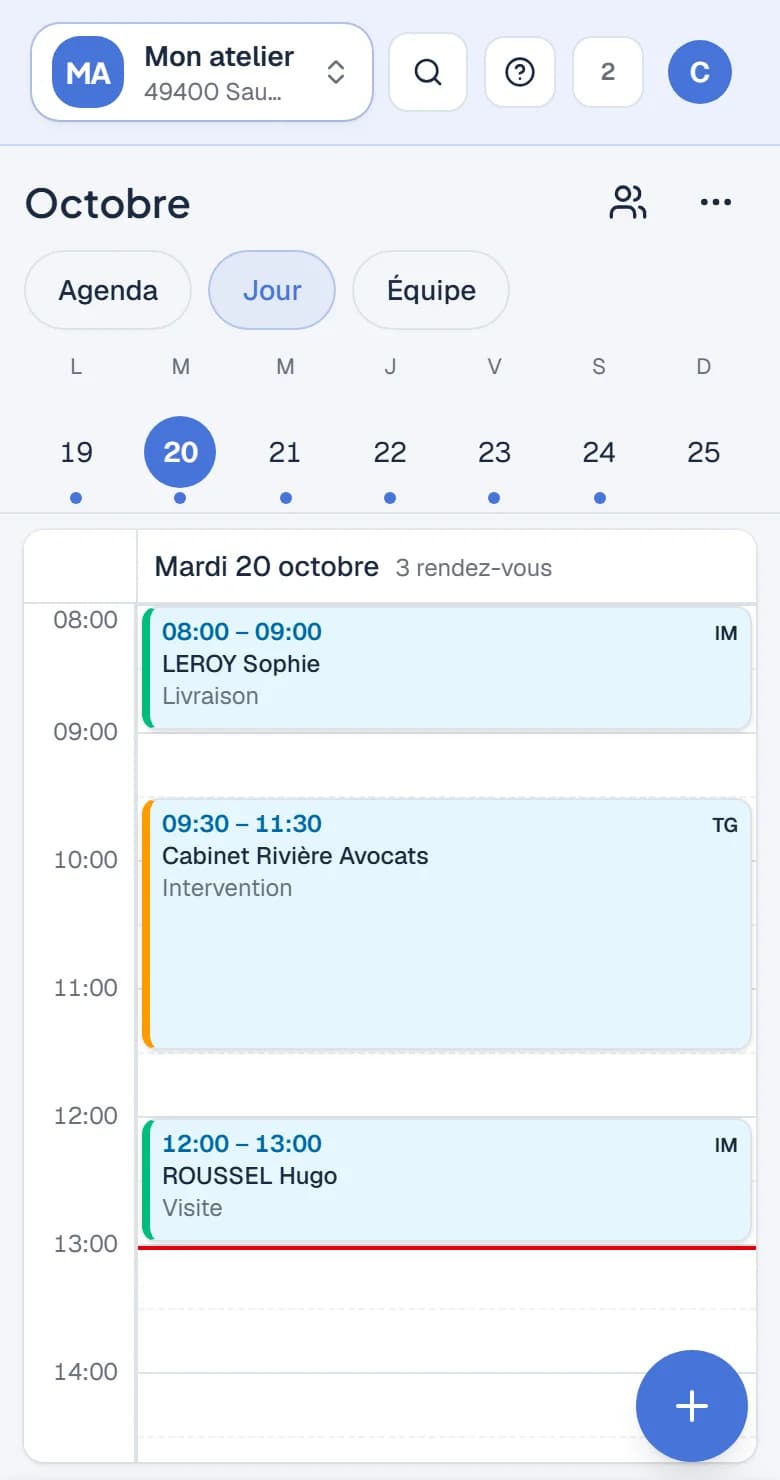 Planning du jour sur le téléphone du technicien.